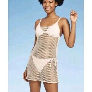 Wild Fable Womens Medium Mesh fishnet Swim coverup  beige tassel tie back Dress